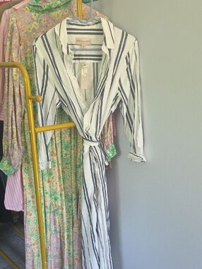 Philosophy White Dress with Navy Vertical Stripes